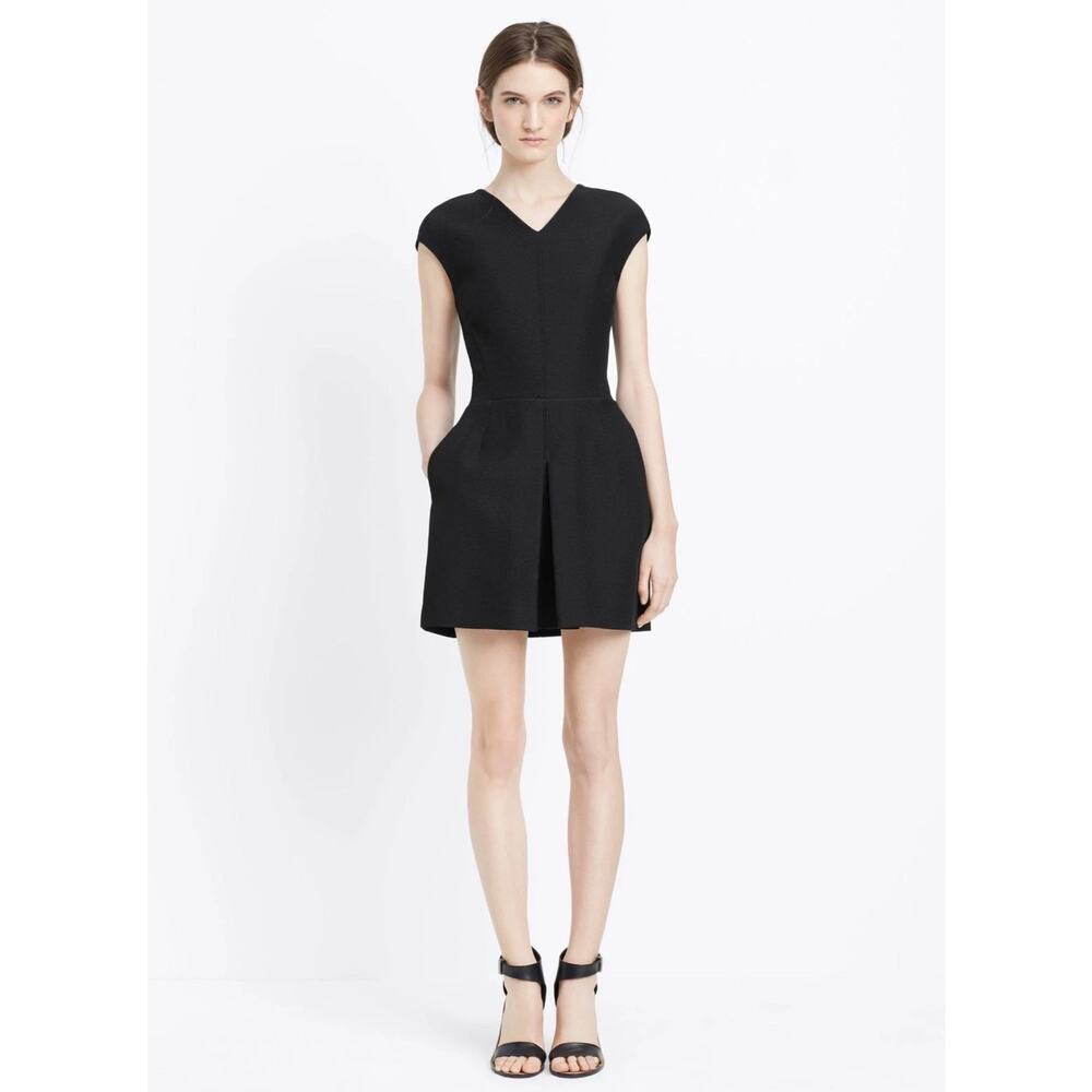 Vince Little Black Dress Womens 0 V-Neck Cap Sleeve Pleated Minimalist Classic